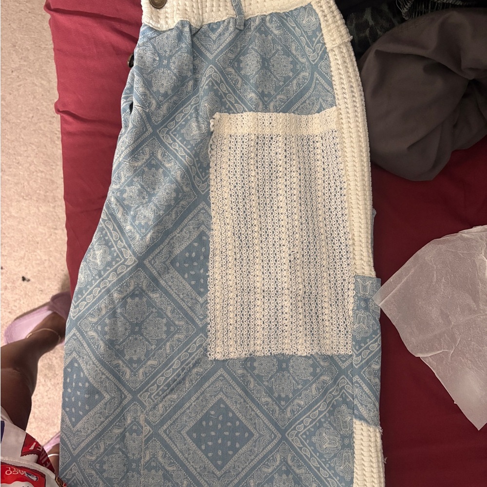 POL Paisley Denim Blue  Patterned Pants with White Accents